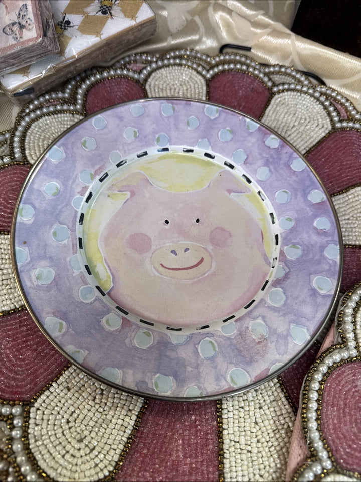 Vintage Mackenzie-Childs Pig Enamelware Metal Rim Childs Plate Retired 8”