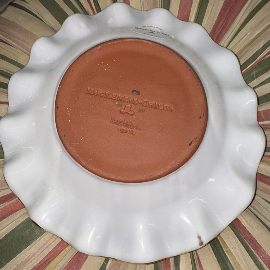 9” Mackenzie Childs   PARCHMENT CHECK CERAMIC FLUTED Gold Trim DESSERT PLATE- 1