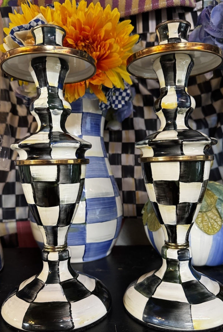 One Mackenzie  Childs Courtly Check Enamel Candle Stick Holder Brass  11.5” Tall
