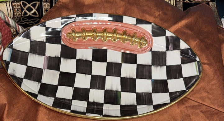 MacKenzie Childs Retired Courtly  Check Football 14”  Platter  Gold Trim NEW