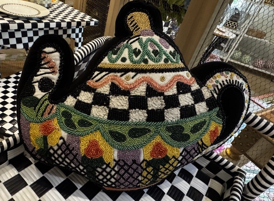New Mackenzie Childs Teapot Shaped Embellished Throw Pillow NIB
