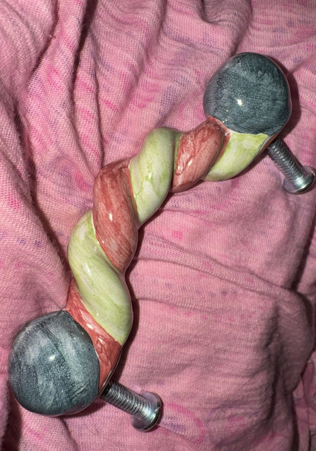 Mackenzie Childs  4.75 Twist Ceramic Handle Pull Knob Blue, Green Pink