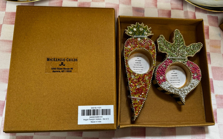 Mackenzie Childs beaded  Tea light Candle Holders Carrot And Radish NIB Retired