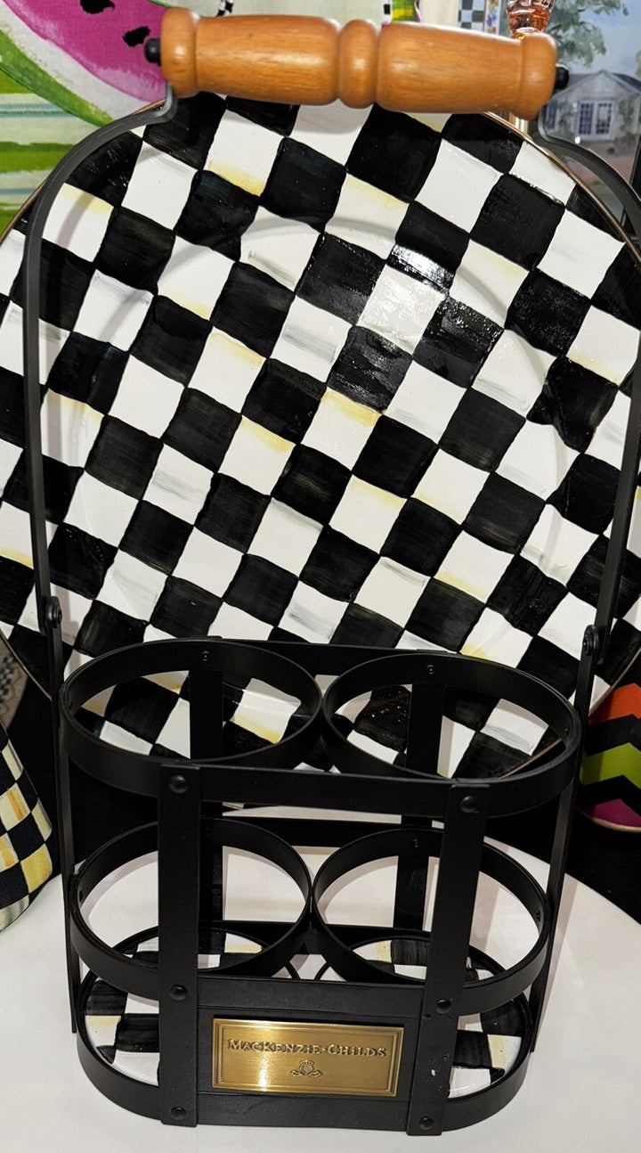 Mackenzie Childs Wine Carrier  Steel & Courtly Check Enamel New