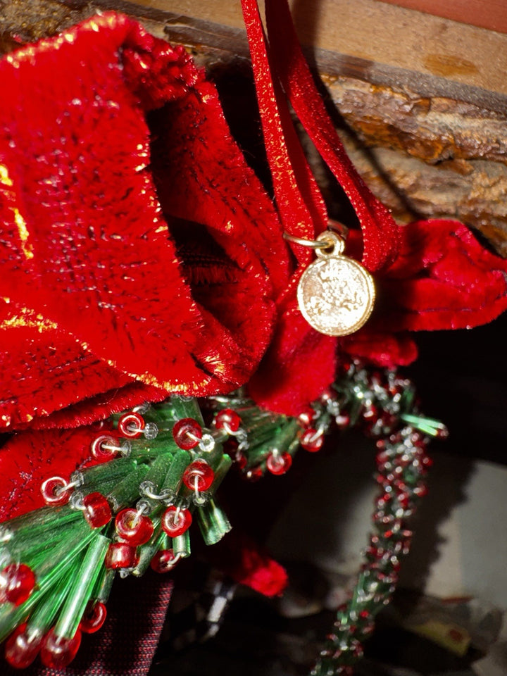 MacKenzie Childs Circular Wreath With Courtly Check Ornament 8” Red Bow- New