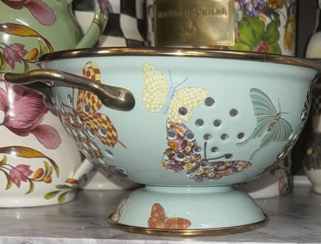 MACKENZIE CHILDS Blue BUTTERFLY GARDEN SMALL ENAMEL COLANDER RETIRED