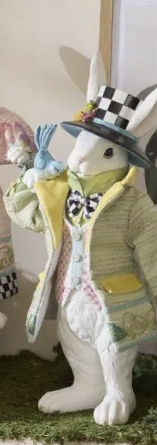 MacKenzie-Childs Frolic Spring Mr Rabbit 21.5” Tall, Fabric Jacket Blue Bird HTF