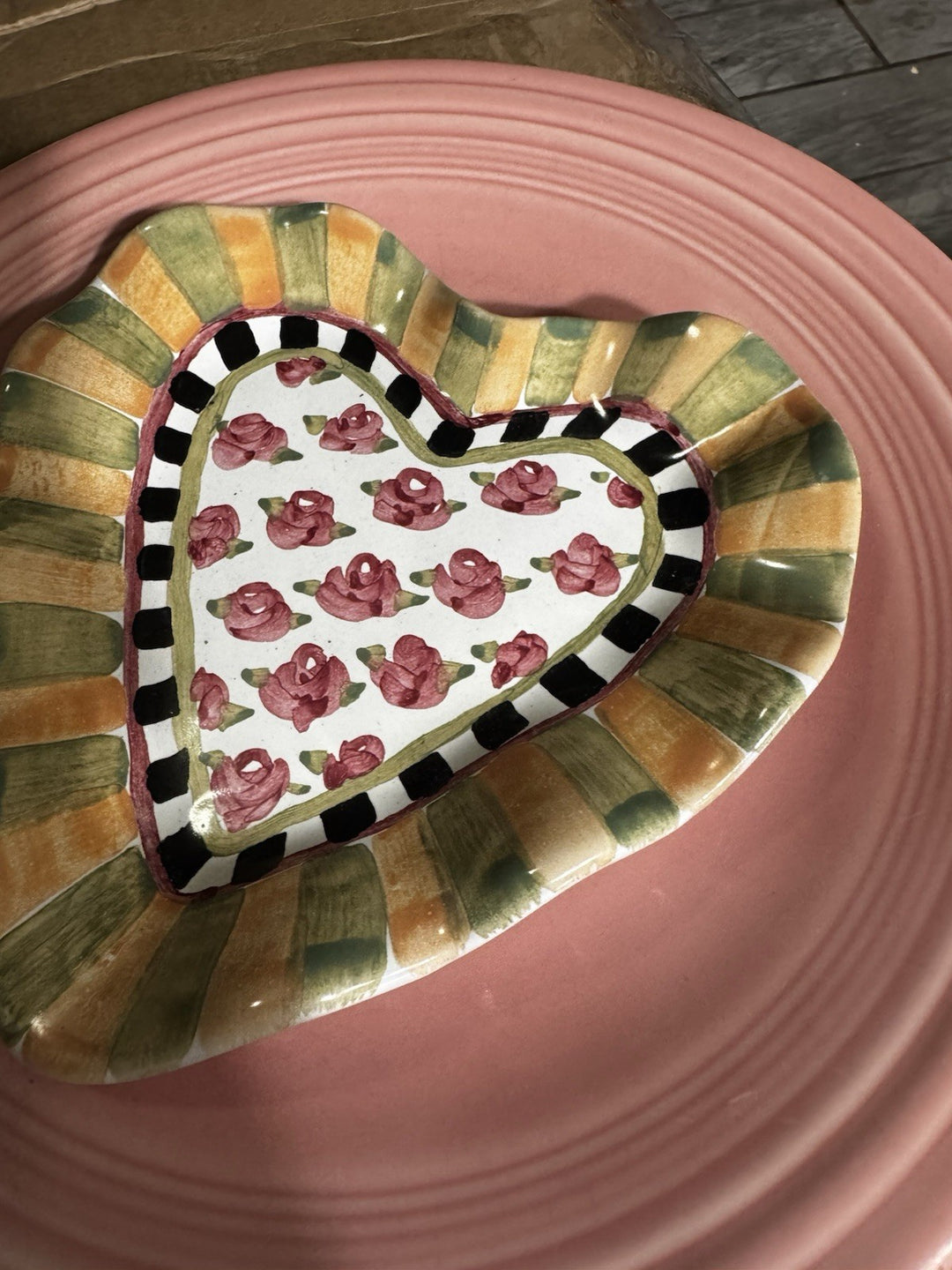 Mackenzie Childs Limited 2010 Truly MC  Fluted Heart Trinket Tray Pink Roses
