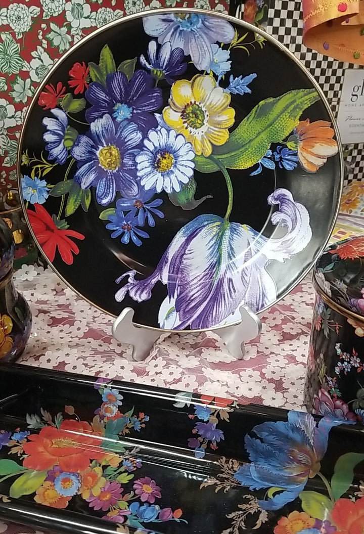 MacKenzie Childs Black Flower Market Dinner Plate 10” Enamel- New