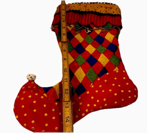 MacKenzie Childs Jester Christmas Stocking Striped 15” gold charms black beads